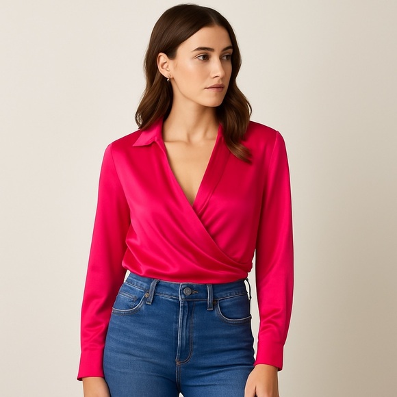 NWT Rachel Zoe Hot Pink Satin Drape Blouse M - Picture 1 of 12